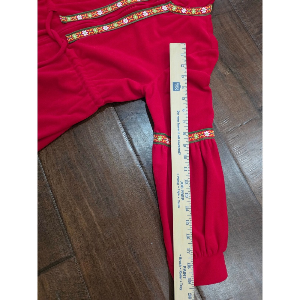 Vtg Rare Boho M Cottagecore Red fleece robe floral 70s ruffle hem loungeware - Picture 6 of 12